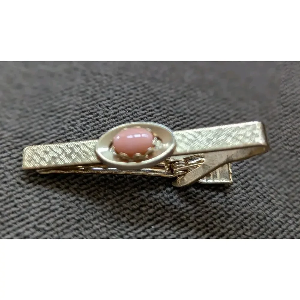 Cuff links & Tie Tack Bar Natural Pink Coral 4 PC set Gift Box Gold Tone Hawaii